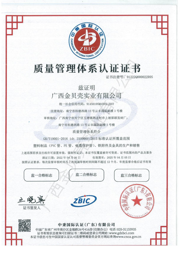 Quality management system certification certificate